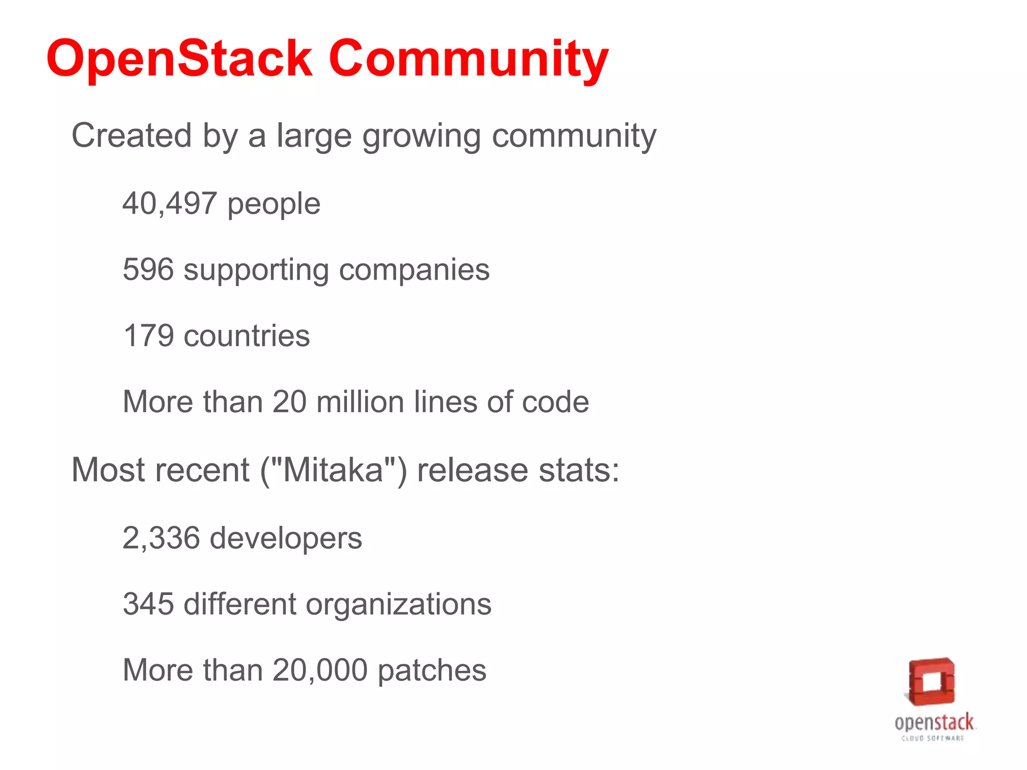 OpenStack Community
Created by a large growing community
40,497 people
596 supporting companies
179 countries
More than 20 million lines of code
Most recent ("Mitaka") release stats:
2,336 developers
345 different organizations
More than 20,000 patches
 