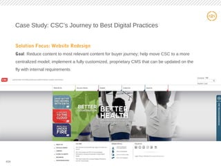 24
Case Study: CSC’s Journey to Best Digital Practices
Solution Focus: Website Redesign
Goal: Reduce content to most relevant content for buyer journey; help move CSC to a more
centralized model; implement a fully customized, proprietary CMS that can be updated on the
fly with internal requirements
#24
 