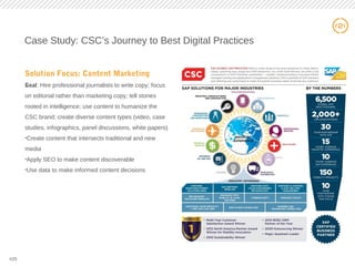 25
Case Study: CSC’s Journey to Best Digital Practices
Solution Focus: Content Marketing
Goal: Hire professional journalists to write copy; focus
on editorial rather than marketing copy; tell stories
rooted in intelligence; use content to humanize the
CSC brand; create diverse content types (video, case
studies, infographics, panel discussions, white papers)
•Create content that intersects traditional and new
media
•Apply SEO to make content discoverable
•Use data to make informed content decisions
#25
 