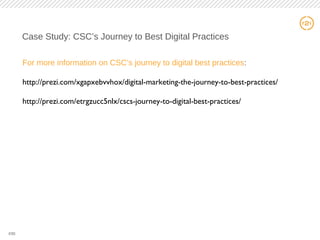 30
Case Study: CSC’s Journey to Best Digital Practices
For more information on CSC’s journey to digital best practices:
http://prezi.com/xgapxebvvhox/digital-marketing-the-journey-to-best-practices/
http://prezi.com/etrgzucc5nlx/cscs-journey-to-digital-best-practices/
#30
 