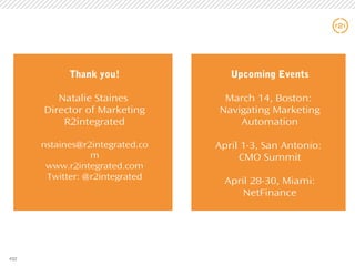 32
Thank you!
Natalie Staines
Director of Marketing
R2integrated
nstaines@r2integrated.co
m
www.r2integrated.com
Twitter: @r2integrated
Upcoming Events
March 14, Boston:
Navigating Marketing
Automation
April 1-3, San Antonio:
CMO Summit
April 28-30, Miami:
NetFinance
#32
 