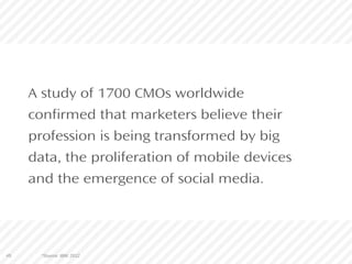 55
A study of 1700 CMOs worldwide
confirmed that marketers believe their
profession is being transformed by big
data, the proliferation of mobile devices
and the emergence of social media.
#5 *Source: IBM, 2012
 
