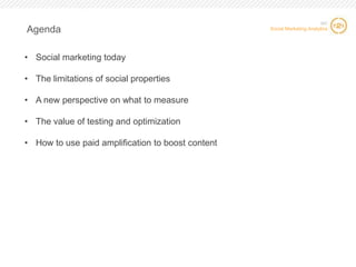 Agenda

SIC

Social Marketing Analytics

• Social marketing today
• The limitations of social properties
• A new perspective on what to measure
• The value of testing and optimization
• How to use paid amplification to boost content

2

2

 