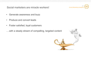 Social marketers are miracle workers!

SIC

Social Marketing Analytics

• Generate awareness and buzz
• Produce and convert leads
• Foster satisfied, loyal customers
….with a steady stream of compelling, targeted content

4

4

 