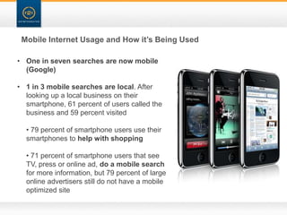 Mobile Internet Usage and How it’s Being Used

• One in seven searches are now mobile
  (Google)

• 1 in 3 mobile searches are local. After
  looking up a local business on their
  smartphone, 61 percent of users called the
  business and 59 percent visited

  • 79 percent of smartphone users use their
  smartphones to help with shopping

  • 71 percent of smartphone users that see
  TV, press or online ad, do a mobile search
  for more information, but 79 percent of large
  online advertisers still do not have a mobile
  optimized site
 