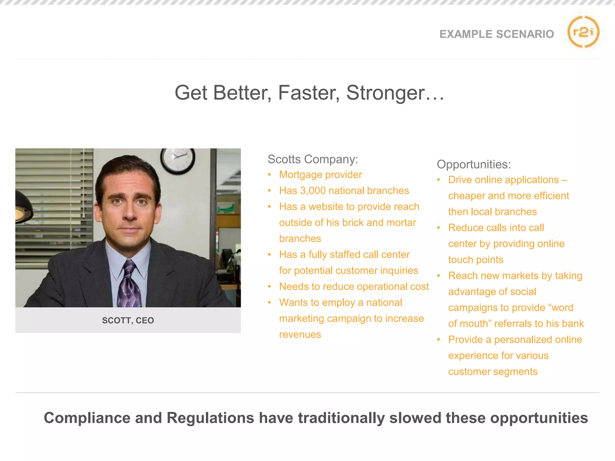 EXAMPLE SCENARIO
Scotts Company:
• Mortgage provider
• Has 3,000 national branches
• Has a website to provide reach
outside of his brick and mortar
branches
• Has a fully staffed call center
for potential customer inquiries
• Needs to reduce operational cost
• Wants to employ a national
marketing campaign to increase
revenues
Opportunities:
• Drive online applications –
cheaper and more efficient
then local branches
• Reduce calls into call
center by providing online
touch points
• Reach new markets by taking
advantage of social
campaigns to provide “word
of mouth” referrals to his bank
• Provide a personalized online
experience for various
customer segments
SCOTT, CEO
Compliance and Regulations have traditionally slowed these opportunities
Get Better, Faster, Stronger…
 
