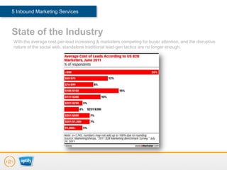 5 Inbound Marketing Services



State of the Industry
With the average cost-per-lead increasing & marketers competing for buyer attention, and the disruptive
nature of the social web, standalone traditional lead-gen tactics are no longer enough.
 