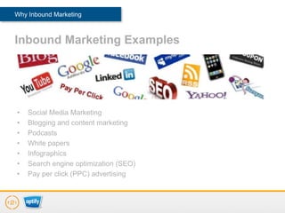 Why Inbound Marketing



Inbound Marketing Examples




•   Social Media Marketing
•   Blogging and content marketing
•   Podcasts
•   White papers
•   Infographics
•   Search engine optimization (SEO)
•   Pay per click (PPC) advertising
 