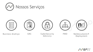 Business Analisys GRC CyberSecurity
Advisor y
PMO
Nossos Serviços
Netdocuments®
Deployment
 