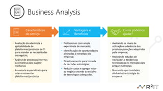 Business Analysis
• Avaliação da aderência e
aplicabilidade de
plataformas/produtos de TI
para atender as necessidades
do negócio;
• Análise de processos internos
da empresa para sugerir
melhorias
• Assessoria especializada para
criar e reinventar
plataformas/produtos
• Profissionais com ampla
experiência de mercado;
• Identificação de oportunidades
alinhadas à estratégia da
empresa;
• Direcionamento para tomada
de decisões estratégias;
• Reduzir custos e agregar valor
ao negócio através da escolha
de tecnologias adequadas.
• Avaliando os níveis de
utilização e aderência dos
produtos/soluções adquiridos
pela empresa;
• Realizando estudos de
novidades e tendências
tecnológicas no mercado para
propor melhorias;
• Buscando oportunidades
alinhadas à estratégia da
empresa.
Características
do serviço
Vantagens e
Benefícios
Como podemos
ajudar?
 