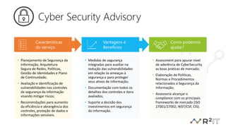 Cyber Security Advisory
• Planejamento de Segurança da
Informação, Arquitetura
Segura de Redes, Políticas,
Gestão de Identidades e Plano
de Continuidade;
• Avaliação e identificação de
vulnerabilidades nos controles
de segurança da informação
visando mitigar riscos;
• Recomendações para aumento
da eficiência e abrangência dos
controles, proteção de dados e
informações sensíveis.
• Medidas de segurança
integradas para auxiliar na
redução das vulnerabilidades
em relação às ameaças à
segurança e para proteger
seus ativos de informação;
• Documentação com todos os
detalhes dos controles e itens
avaliados;
• Suporte a decisão dos
investimentos em segurança
da informação.
• Assessment para apurar nível
de aderência de CyberSecurity
as boas práticas de mercado;
• Elaboração de Políticas,
Normas e Procedimentos
relacionados a Segurança da
Informação;
• Assessoria alcançar o
compliance com os principais
frameworks de mercado (ISO
27001/27002; NIST/CSF, CIS).
Características
do serviço
Vantagens e
Benefícios
Como podemos
ajudar?
 