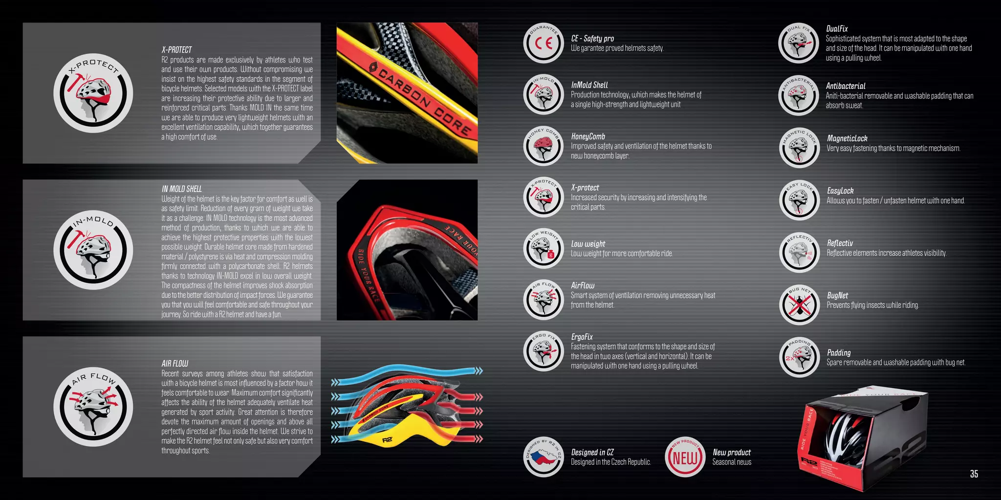 CE - Safety pro
We garantee proved helmets safety.
X-protect
Increased security by increasing and intensifying the
critical parts.
InMold Shell
Production technology, which makes the helmet of
a single high-strength and lightweight unit
HoneyComb
Improved safety and ventilation of the helmet thanks to
new honeycomb layer.
New product
Seasonal news
Designed in CZ
Designed in the Czech Republic.
Low weight
Low weight for more comfortable ride.
Reflectiv
Reflective elements increase athletes visibility.
BugNet
Prevents flying insects while riding.
EasyLock
Allows you to fasten / unfasten helmet with one hand.
MagneticLock
Very easy fastening thanks to magnetic mechanism.
Padding
Spare removable and washable padding with bug net.
ErgoFix
Fastening system that conforms to the shape and size of
the head in two axes (vertical and horizontal). It can be
manipulated with one hand using a pulling wheel.
DualFix
Sophisticated system that is most adapted to the shape
and size of the head. It can be manipulated with one hand
using a pulling wheel.
Antibacterial
Aniti-bacterial removable and washable padding that can
absorb sweat.
AirFlow
Smart system of ventilation removing unnecessary heat
from the helmet.
35
IN MOLD SHELL
Weight of the helmet is the key factor for comfort as well is
as safety limit. Reduction of every gram of weight we take
it as a challenge. IN MOLD technology is the most advanced
method of production, thanks to which we are able to
achieve the highest protective properties with the lowest
possible weight. Durable helmet core made from hardened
material / polystyrene is via heat and compression molding
firmly connected with a polycarbonate shell. R2 helmets
thanks to technology IN-MOLD excel in low overall weight.
The compactness of the helmet improves shock absorption
duetothebetterdistributionofimpactforces.Weguarantee
you that you will feel comfortable and safe throughout your
journey.SoridewithaR2helmetandhaveafun.
AIR FLOW
Recent surveys among athletes show that satisfaction
with a bicycle helmet is most influenced by a factor how it
feelscomfortabletowear.Maximumcomfortsignificantly
affects the ability of the helmet adequately ventilate heat
generated by sport activity. Great attention is therefore
devote the maximum amount of openings and above all
perfectly directed air flow inside the helmet. We strive to
make the R2 helmet feel not only safe but also very comfort
throughout sports.
X-PROTECT
R2 products are made exclusively by athletes who test
and use their own products. Without compromising we
insist on the highest safety standards in the segment of
bicycle helmets. Selected models with the X-PROTECT label
are increasing their protective ability due to larger and
reinforced critical parts. Thanks MOLD IN the same time
we are able to produce very lightweight helmets with an
excellent ventilation capability, which together guarantees
a high comfort of use.
 