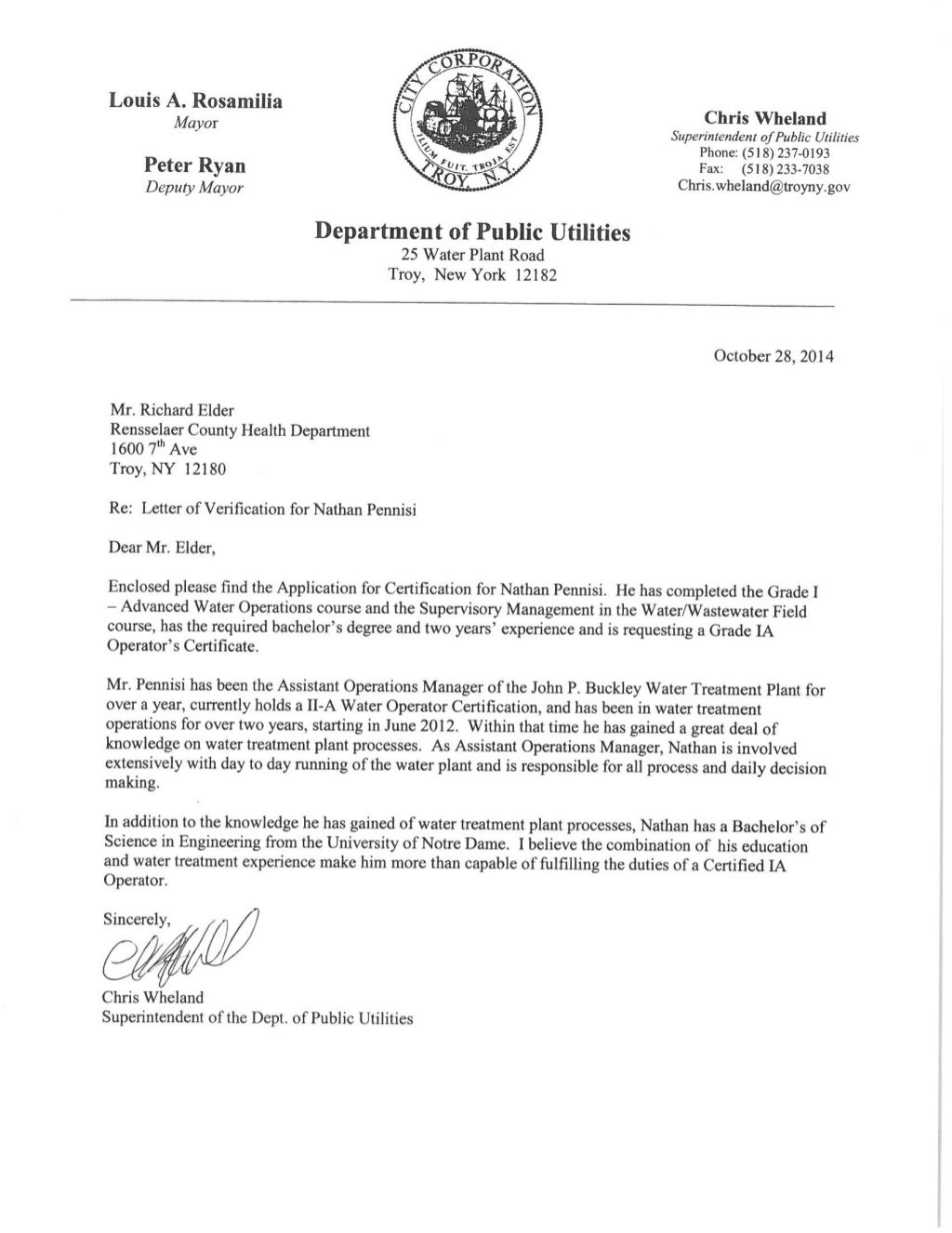 Letter of for IA Filtration Plant Water System Operator