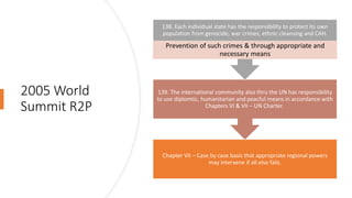 2005 World
Summit R2P
Chapter VII – Case by case basis that appropriate regional powers
may intervene if all else fails.
139. The international community also thru the UN has responsibility
to use diplomtic, humanitarian and peacful means in accordance with
Chapters VI & VII – UN Charter.
138. Each individual state has the responsibility to protect its own
population from genocide, war crimes, ethnic cleansing and CAH.
Prevention of such crimes & through appropriate and
necessary means
 