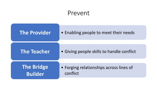 Prevent
• Enabling people to meet their needs
The Provider
• Giving people skills to handle conflict
The Teacher
• Forging relationships across lines of
conflict
The Bridge
Builder
 