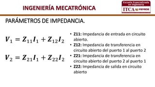 INGENIERÍA MECATRÓNICA
PARÁMETROS DE IMPEDANCIA.
𝑽1 = 𝒁11 𝑰1 + 𝒁12 𝑰2
𝑽2 = 𝒁21 𝑰1 + 𝒁22 𝑰2
• Z11: Impedancia de entrada en circuito
abierto.
• Z12: Impedancia de transferencia en
circuito abierto del puerto 1 al puerto 2
• Z21: Impedancia de transferencia en
circuito abierto del puerto 2 al puerto 1
• Z22: Impedancia de salida en circuito
abierto
 