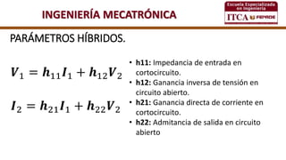 INGENIERÍA MECATRÓNICA
PARÁMETROS HÍBRIDOS.
𝑽1 = 𝒉11 𝑰1 + 𝒉12 𝑽2
𝑰2 = 𝒉21 𝑰1 + 𝒉22 𝑽2
• h11: Impedancia de entrada en
cortocircuito.
• h12: Ganancia inversa de tensión en
circuito abierto.
• h21: Ganancia directa de corriente en
cortocircuito.
• h22: Admitancia de salida en circuito
abierto
 
