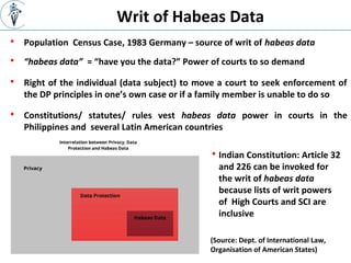 Writ of Habeas Data
 Population Census Case, 1983 Germany – source of writ of habeas data
 “habeas data” = “have you the data?” Power of courts to so demand
 Right of the individual (data subject) to move a court to seek enforcement of
the DP principles in one’s own case or if a family member is unable to do so
 Constitutions/ statutes/ rules vest habeas data power in courts in the
Philippines and several Latin American countries
(Source: Dept. of International Law,
Organisation of American States)
 Indian Constitution: Article 32
and 226 can be invoked for
the writ of habeas data
because lists of writ powers
of High Courts and SCI are
inclusive
 