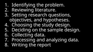 1. Identifying the problem.
2. Reviewing literature.
3. Setting research questions,
objectives, and hypotheses.
4. Choosing the study design.
5. Deciding on the sample design.
6. Collecting data.
7. Processing and analyzing data.
8. Writing the report
 