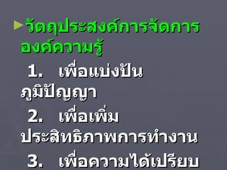 วัตถุประสงค์การจัดการองค์ความรู้ 1.  เพื่อแบ่งปันภูมิปัญญา 2.  เพื่อเพิ่มประสิทธิภาพการทำงาน   3.  เพื่อความได้เปรียบทางการแข่งขัน 4.  เพื่อเพิ่มระดับนวัตกรรมให้สูงขึ้น 