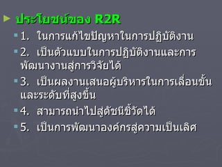 ประโยชน์ของ   R2R 1.   ในการแก้ไขปัญหาในการปฏิบัติงาน 2.  เป็นตัวแบบในการปฏิบัติงานและการพัฒนางานสู่การวิจัยได้ 3.  เป็นผลงานเสนอผู้บริหารในการเลื่อนขั้นและระดับที่สูงขึ้น 4.  สามารถนำไปสู่ดัชนีชี้วัดได้ 5.  เป็นการพัฒนาองค์กรสู่ความเป็นเลิศ 