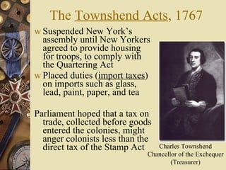 The  Townshend Acts , 1767 Suspended New York’s assembly until New Yorkers agreed to provide housing for troops, to comply with the Quartering Act Placed duties ( import taxes ) on imports such as glass, lead, paint, paper, and tea Parliament hoped that a tax on trade, collected before goods entered the colonies, might anger colonists less than the direct tax of the Stamp Act Charles Townshend Chancellor of the Exchequer (Treasurer) 