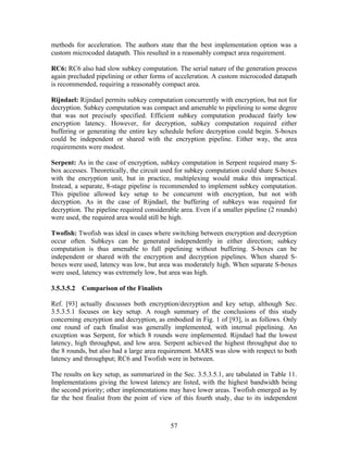 methods for acceleration. The authors state that the best implementation option was a
custom microcoded datapath. This resulted in a reasonably compact area requirement.

RC6: RC6 also had slow subkey computation. The serial nature of the generation process
again precluded pipelining or other forms of acceleration. A custom microcoded datapath
is recommended, requiring a reasonably compact area.

Rijndael: Rijndael permits subkey computation concurrently with encryption, but not for
decryption. Subkey computation was compact and amenable to pipelining to some degree
that was not precisely specified. Efficient subkey computation produced fairly low
encryption latency. However, for decryption, subkey computation required either
buffering or generating the entire key schedule before decryption could begin. S-boxes
could be independent or shared with the encryption pipeline. Either way, the area
requirements were modest.

Serpent: As in the case of encryption, subkey computation in Serpent required many S-
box accesses. Theoretically, the circuit used for subkey computation could share S-boxes
with the encryption unit, but in practice, multiplexing would make this impractical.
Instead, a separate, 8-stage pipeline is recommended to implement subkey computation.
This pipeline allowed key setup to be concurrent with encryption, but not with
decryption. As in the case of Rijndael, the buffering of subkeys was required for
decryption. The pipeline required considerable area. Even if a smaller pipeline (2 rounds)
were used, the required area would still be high.

Twofish: Twofish was ideal in cases where switching between encryption and decryption
occur often. Subkeys can be generated independently in either direction; subkey
computation is thus amenable to full pipelining without buffering. S-boxes can be
independent or shared with the encryption and decryption pipelines. When shared S-
boxes were used, latency was low, but area was moderately high. When separate S-boxes
were used, latency was extremely low, but area was high.

3.5.3.5.2 Comparison of the Finalists

Ref. [93] actually discusses both encryption/decryption and key setup, although Sec.
3.5.3.5.1 focuses on key setup. A rough summary of the conclusions of this study
concerning encryption and decryption, as embodied in Fig. 1 of [93], is as follows. Only
one round of each finalist was generally implemented, with internal pipelining. An
exception was Serpent, for which 8 rounds were implemented. Rijndael had the lowest
latency, high throughput, and low area. Serpent achieved the highest throughput due to
the 8 rounds, but also had a large area requirement. MARS was slow with respect to both
latency and throughput; RC6 and Twofish were in between.

The results on key setup, as summarized in the Sec. 3.5.3.5.1, are tabulated in Table 11.
Implementations giving the lowest latency are listed, with the highest bandwidth being
the second priority; other implementations may have lower areas. Twofish emerged as by
far the best finalist from the point of view of this fourth study, due to its independent



                                           57
 