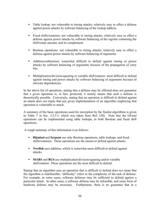•   Table lookup: not vulnerable to timing attacks; relatively easy to effect a defense
       against power attacks by software balancing of the lookup address.

   •   Fixed shifts/rotations: not vulnerable to timing attacks; relatively easy to effect a
       defense against power attacks by software balancing of the register containing the
       shift/rotate amount, and its complement.

   •   Boolean operations: not vulnerable to timing attacks; relatively easy to effect a
       defense against power attacks by software balancing of arguments.

   •   Addition/subtraction: somewhat difficult to defend against timing or power
       attacks by software balancing of arguments because of the propagation of carry
       bits.

   •   Multiplication/division/squaring or variable shift/rotation: most difficult to defend
       against timing and power attacks by software balancing of arguments because of
       intricate dependencies.

In the above list of operations, stating that a defense may be effected does not guarantee
that a given operation is, in fact, protected; it merely means that such a defense is
theoretically possible. Conversely, stating that an operation is difficult to defend against
an attack does not imply that any given implementation of an algorithm employing that
operation is vulnerable to attack.

A summary of the basic operations used for encryption by the finalist algorithms is given
in Table 7 in Sec. 3.5.3.1, which was taken from Ref. [30]. Note that the GFmul
operations can be implemented using table lookups, or both Boolean and fixed shift
operations.

A rough summary of this information is as follows:

   •   Rijndael and Serpent use only Boolean operations, table lookups, and fixed
       shifts/rotations. These operations are the easiest to defend against attacks.

   •   Twofish uses addition, which is somewhat more difficult to defend against
       attacks.

   •   MARS and RC6 use multiplication/division/squaring and/or variable
       shift/rotation. These operations are the most difficult to defend.

Stating that an algorithm uses an operation that is difficult to defend does not mean that
the algorithm is indefensible; “difficulty” refers to the complexity of the task of defense.
For example, in some cases, software defenses may be sufficient to defend against a
particular attack. In other cases, a software defense may be infeasible, and some form of
hardware defense may be necessary. Furthermore, there is no guarantee that in a


                                            66
 