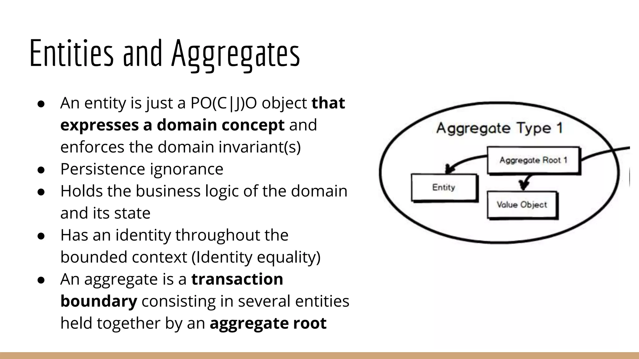 Entities and Aggregates
● An entity is just a PO(C|J)O object that
expresses a domain concept and
enforces the domain invariant(s)
● Persistence ignorance
● Holds the business logic of the domain
and its state
● Has an identity throughout the
bounded context (Identity equality)
● An aggregate is a transaction
boundary consisting in several entities
held together by an aggregate root
 