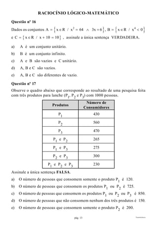 pág. 13 Transferência
Raciocínio Lógico-MATEMÁTICO
Questão nº 16
Dados os conjuntos { }2
A x R / x 64 3x 6= ∈ = ∧ = , { }4
B x R / x 0=∈ <
e { }C x R / x 10 10= ∈ + = , assinale a única sentença VERDADEIRA.
a)	 A é um conjunto unitário.
b)	 B é um conjunto infinito.
c)	 A e B são vazios e C unitário.
d)	 A, B e C são vazios.
e)	 A, B e C são diferentes de vazio.
Questão nº 17
Observe o quadro abaixo que corresponde ao resultado de uma pesquisa feita
com três produtos para lanche (P1
, P2
e P3
) com 1000 pessoas.
Produtos
Número de
Consumidores
P1
430
P2
560
P3
470
P1
e P2
265
P1
e P3
275
P2
e P3
300
P1
e P2
e P3
230
Assinale a única sentença FALSA.
a)	 O número de pessoas que consomem somente o produto P1
é 120.
b)	 O número de pessoas que consomem os produtos P1
ou P2
é 725.
c)	 O número de pessoas que consomem os produtos P1
ou P2
ou P3
é 850.
d)	 O número de pessoas que não consomem nenhum dos três produtos é 150.
e)	 O número de pessoas que consomem somente o produto P2
é 200.
 