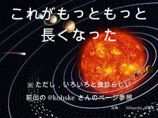 10
これがもっともっと
長くなった
※ただし，いろいろと微妙らしい
前出の@kohskeさんのページ参照
出典：　Wikipedia 太陽系
 