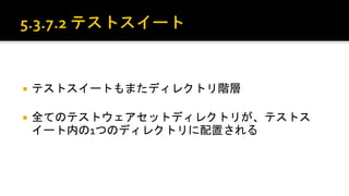  テストスイートもまたディレクトリ階層。
 全てのテストウェアセットディレクトリが、テストスイート内の1
つのディレクトリに配置される。
 