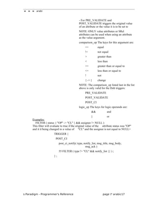 w w w arabi
- For PRE_VALIDATE and
POST_VALIDATE triggers the original value
of an attribute or the value it is to be set to
NOTE: ONLY value attributes or SRel
attributes can be used when using an attribute
as the value argument.
comparison_op The keys for this argument are:
== equal
!= not equal
> greater than
< less than
>= greater than or equal to
<= less than or equal to
! not
{ -> } change
NOTE: The comparison_op listed last in the list
above is only valid for the Dob triggers:
PRE_VALIDATE
POST_VALIDATE
POST_CI
logic_op The keys for logic operands are:
&& and
|| or
Examples:
FILTER ( status { "OP" -> "CL" } && assignee != NULL )
This filter will evaluate to true if the original value of the attribute status was "OP"
and it it being changed to a value of "CL" and the assignee is not equal to NULL>
TRIGGER {
POST_CI
post_ci_notify( type, notify_list, msg_title, msg_body,
msg_ack )
55 FILTER ( type != "CL" && notify_list {} ) ;
} ;
s Paradigm - Programmer's Reference page * arabic17
 
