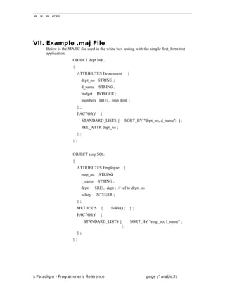 w w w arabi
VII. Example .maj File
Below is the MAJIC file used in the white box testing with the simple first_form test
application.
OBJECT dept SQL
{
ATTRIBUTES Department {
dept_no STRING ;
d_name STRING ;
budget INTEGER ;
members BREL emp dept ;
} ;
FACTORY {
STANDARD_LISTS { SORT_BY "dept_no, d_name"; };
REL_ATTR dept_no ;
} ;
} ;
OBJECT emp SQL
{
ATTRIBUTES Employee {
emp_no STRING ;
l_name STRING ;
dept SREL dept ; // ref to dept_no
salary INTEGER ;
} ;
METHODS { tickle() ; } ;
FACTORY {
STANDARD_LISTS { SORT_BY "emp_no, l_name" ;
};
} ;
} ;
s Paradigm - Programmer's Reference page * arabic31
 