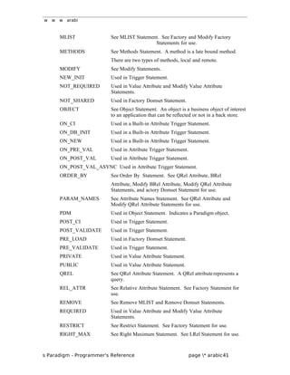 w w w arabi
MLIST See MLIST Statement. See Factory and Modify Factory
Statements for use.
METHODS See Methods Statement. A method is a late bound method.
There are two types of methods, local and remote.
MODIFY See Modify Statements.
NEW_INIT Used in Trigger Statement.
NOT_REQUIRED Used in Value Attribute and Modify Value Attribute
Statements.
NOT_SHARED Used in Factory Domset Statement.
OBJECT See Object Statement. An object is a business object of interest
to an application that can be reflected or not in a back store.
ON_CI Used in a Built-in Attribute Trigger Statement.
ON_DB_INIT Used in a Built-in Attribute Trigger Statement.
ON_NEW Used in a Built-in Attribute Trigger Statement.
ON_PRE_VAL Used in Attribute Trigger Statement.
ON_POST_VAL Used in Attribute Trigger Statement.
ON_POST_VAL_ASYNC Used in Attribute Trigger Statement.
ORDER_BY See Order By Statement. See QRel Attribute, BRel
Attribute, Modify BRel Attribute, Modify QRel Attribute
Statements, and actory Domset Statement for use.
PARAM_NAMES See Attribute Names Statement. See QRel Attribute and
Modify QRel Attribute Statements for use.
PDM Used in Object Statement. Indicates a Paradigm object.
POST_CI Used in Trigger Statement.
POST_VALIDATE Used in Trigger Statement.
PRE_LOAD Used in Factory Domset Statement.
PRE_VALIDATE Used in Trigger Statement.
PRIVATE Used in Value Attribute Statement.
PUBLIC Used in Value Attribute Statement.
QREL See QRel Attribute Statement. A QRel attributerepresents a
query.
REL_ATTR See Relative Attribute Statement. See Factory Statement for
use.
REMOVE See Remove MLIST and Remove Domset Statements.
REQUIRED Used in Value Attribute and Modify Value Attribute
Statements.
RESTRICT See Restrict Statement. See Factory Statement for use.
RIGHT_MAX See Right Maximum Statement. See LRel Statement for use.
s Paradigm - Programmer's Reference page * arabic41
 