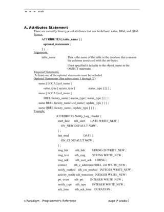 w w w arabi
A. Attributes Statement
There are currently three types of attributes that can be defined: value, BRel, and QRel.
Syntax:
ATTRIBUTES [ table_name ] {
optional_statements ;
} ;
Arguments:
table_name This is the name of the table in the database that contains
the columns associated with the attributes.
If not specified it defaults to the object_name in the
OBJECT statement.
Required Statements:
At least one of the optional statements must be included.
Optional Statements (See subsections 1 through 3 ):
name [ LOCAL|col_name ]
value_type [ access_type [ status_type ] ]{ } ;
name [ LOCAL|col_name ]
SREL factory_name [ access_type [ status_type ] ] { } ;
name BREL factory_name srel_name [ update_type ] { } ;
name QREL factory_name [ update_type ] { } ;
Example:
ATTRIBUTES Notify_Log_Header {
start_date nlh_start DATE WRITE_NEW {
ON_NEW DEFAULT NOW ;
} ;
last_mod DATE {
ON_CI DEFAULT NOW ;
} ;
msg_hdr nlh_hdr STRING 20 WRITE_NEW ;
msg_text nlh_msg STRING WRITE_NEW ;
msg_ack nlh_user_ack STRING ;
contact nlh_c_addressee SREL cnt WRITE_NEW ;
notify_method nlh_cm_method INTEGER WRITE_NEW ;
activity_notify nlh_transition INTEGER WRITE_NEW ;
pri_event nlh_pri INTEGER WRITE_NEW ;
notify_type nlh_type INTEGER WRITE_NEW ;
ack_time nlh_ack_time DURATION ;
s Paradigm - Programmer's Reference page * arabic7
 