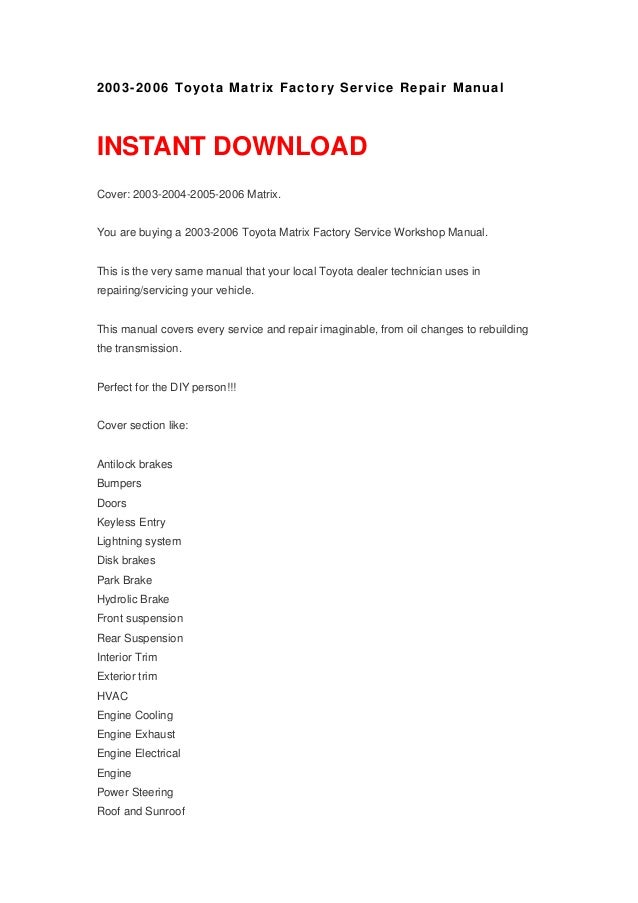 2003 2006 Toyota Matrix Manual