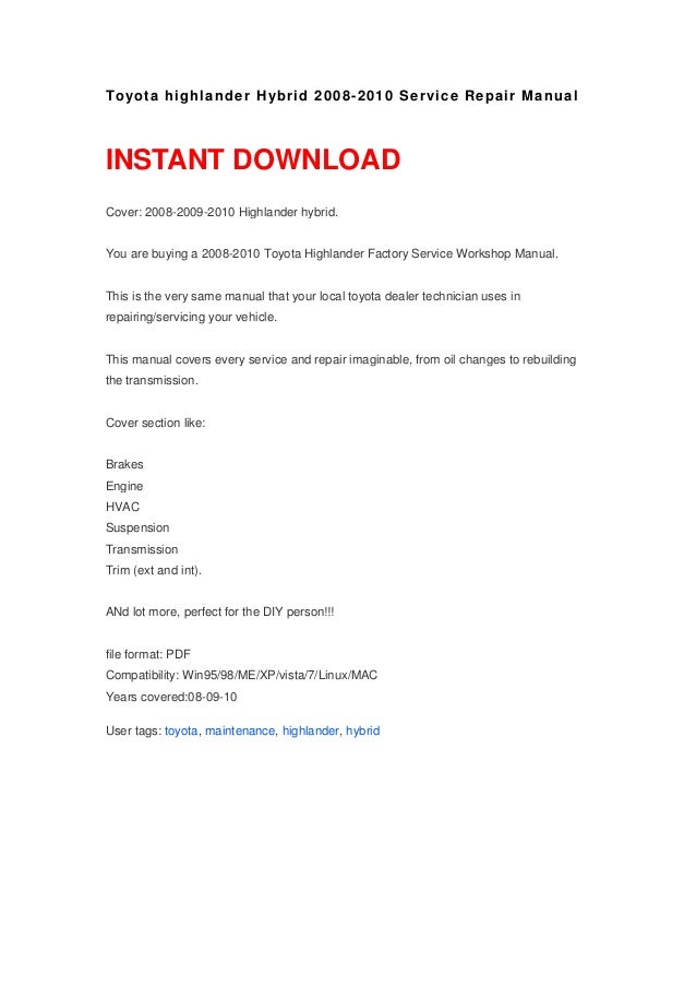 Toyota highlander Hybrid 2008-2010 Service Repair Manual