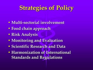 Strategies of Policy
• Multi-sectorial involvement
• Food chain approach
• Risk Analysis
• Monitoring and Evaluation
• Scientific Research and Data
• Harmonization of International
Standards and Regulations
 