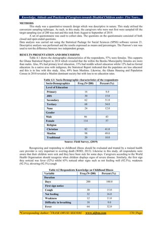 Knowledge, Attitude and Practices of Caregivers towards Disabled Children under- Five Years...
*Corresponding Author: 1
FRANK OWUSU SEKYERE www.aijbm.com 170 | Page
METHODS
This study was a quantitative research design which was descriptive in nature. This study utilised the
convenient sampling technique. As such, in this study, the caregivers who were met first were sampled till the
target sampling size of 200 was met and this took from August to September of 2019.
A set of questionnaire was used to collect data. The questions on the questionnaire consisted of both
closed and open-ended questions.
Data analysis was carried out using the Statistical Package for Social Sciences (SPSS) software version 21.
Descriptive analysis was performed and the results expressed as means and percentages. The Pearson’s test was
used to test the difference between two independent groups.
RESULTS PRESENTATION AND DISCUSSIONS
Table 4.1 shows the demographic characteristics of the respondents, 57% were females. This supports
the Ghana Statistical Report in 2014 which revealed that the within the Bawku Municipality females are more
than males. Also, 8% had primary level education, 15% had middle school education whilst 12% had no formal
education As a native area with indigenes, the Statistical Report indicated that the populates are less educated
and this is in line with this study. Also, 49% been Muslims. Likewise, the Ghana Housing and Population
Census in 2010 revealed a Muslim dominant society but with less to no education rates.
Table 4.1: Socio-Demographic characteristics of the respondents
Socio-Demographics Freq (N=200) Percent (%)
Level of Education
Primary 16 8.0
JHS 30 15.0
Secondary 62 31.0
Tertiary 68 34.0
None 24 12.0
Gender
Male 86 43
Female 114 57
Religion
Christian 82 41.0
Muslim 98 49.0
Traditional 20 10.0
Source: Field Survey, (2019)
Recognizing and responding to childhood illness should be evaluated and treated by a trained health
care provider is very important to averting death (WHO, 2013). Likewise in this study, all respondents were
aware that their children were sick and they have been sick for some days. Caregivers according to the World
Health Organisation should recognize when children displays signs of severe disease. Similarly, the first sign
they noticed was fever (32%) whilst 65% noticed other signs such as not feeding well (92.3%), weakness
(92.3%), shivering (92.3%) cough
Table 4.2 Respondents Knowledge on Childhood Illness
Variable Freq (N=200) Percent (%)
Duration
Days 200 100.0
First sign notice
Cough 30 15.0
Not feeding 32 16.0
Weakness 12 11.0
Difficulty in breathing 18 9.0
Fever 64 32.0
 