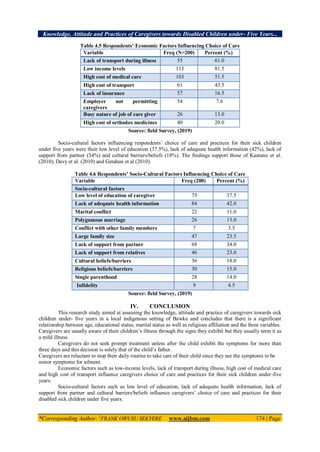 Knowledge, Attitude and Practices of Caregivers towards Disabled Children under- Five Years...
*Corresponding Author: 1
FRANK OWUSU SEKYERE www.aijbm.com 174 | Page
Table 4.5 Respondents’ Economic Factors Influencing Choice of Care
Variable Freq (N=200) Percent (%)
Lack of transport during illness 55 61.0
Low income levels 115 81.5
High cost of medical care 103 51.5
High cost of transport 61 43.5
Lack of insurance 57 16.5
Employer not permitting
caregivers
54 7.6
Busy nature of job of care giver 26 13.0
High cost of orthodox medicines 40 20.0
Source: field Survey, (2019)
Socio-cultural factors influencing respondents’ choice of care and practices for their sick children
under five years were their low level of education (37.5%), lack of adequate health information (42%), lack of
support from partner (34%) and cultural barriers/beliefs (18%). The findings support those of Kaatano et al.
(2010), Davy et al. (2010) and Getahun et al (2010).
Table 4.6 Respondents’ Socio-Cultural Factors Influencing Choice of Care
Variable Freq (200) Percent (%)
Socio-cultural factors
Low level of education of caregiver 75 37.5
Lack of adequate health information 84 42.0
Marital conflict 22 11.0
Polygamous marriage 26 13.0
Conflict with other family members 7 3.5
Large family size 47 23.5
Lack of support from partner 68 34.0
Lack of support from relatives 46 23.0
Cultural beliefs/barriers 36 18.0
Religious beliefs/barriers 30 15.0
Single parenthood 28 14.0
Infidelity 9 4.5
Source: field Survey, (2019)
IV. CONCLUSION
This research study aimed at assessing the knowledge, attitude and practice of caregivers towards sick
children under- five years in a local indigenous setting of Bawku and concludes that there is a significant
relationship between age, educational status, marital status as well as religious affiliation and the three variables.
Caregivers are usually aware of their children’s illness through the signs they exhibit but they usually term it as
a mild illness.
Caregivers do not seek prompt treatment unless after the child exhibit the symptoms for more than
three days and this decision is solely that of the child’s father.
Caregivers are reluctant to stop their daily routine to take care of their child since they see the symptoms to be
minor symptoms for ailment.
Economic factors such as low-income levels, lack of transport during illness, high cost of medical care
and high cost of transport influence caregivers choice of care and practices for their sick children under-five
years.
Socio-cultural factors such as low level of education, lack of adequate health information, lack of
support from partner and cultural barriers/beliefs influence caregivers’ choice of care and practices for their
disabled sick children under five years.
 