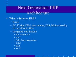 Next Generation ERP
              Architecture
• What is Internet ERP?
  – N-tier
  – EC, K Mgt, CRM, data mining, DSS, BI functionality
    on top of back office
  – Integrated tools include
     •   BW with OLAP
     •   APO
     •   Sales Force Automation
     •   CRM
     •   B2B
     •   SCM
 