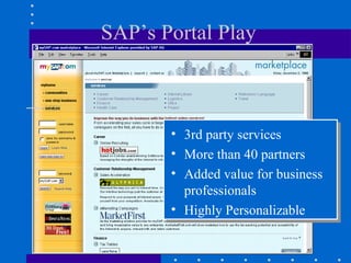 SAP’s Portal Play



       • 3rd party services
       • More than 40 partners
       • Added value for business
         professionals
       • Highly Personalizable
 