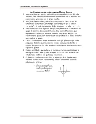 Desarrollo del pensamiento algebraico


             Actividades que se sugieren para el futuro docente
   1. Indaga en diversas fuentes matemáticas acerca del concepto del valor
      absoluto y los contenidos matemáticos relacionados con él. Prepara una
      presentación y revísala con tu grupo escolar.
   2. Indaga en fuentes bibliográficas en qué consiste la composición de

       𝑦 = 𝑎𝑏𝑠(𝑥 2 − 4) es la composición de las funciones 𝑦 = |𝑥| y 𝑦 = 𝑥 2 − 4.
      funciones y ejemplifica tus hallazgos explicando por qué la función

   3. Selecciona una o más hojas de trabajo para ponerlas en práctica con un
      grupo de alumnos de educación básica. Haz las modificaciones que
      consideres convenientes antes de ponerlas en práctica. Registra las
      observaciones que surjan al usarlas en una práctica en el aula y presenta
      un reporte a tu grupo.
   4. Elabora un ensayo en el que analices las ventajas y desventajas de la
      propuesta didáctica que se presenta en este bloque para abordar el
      estudio del concepto del valor absoluto con apoyo de una calculadora con
      capacidad gráfica.
   5. Elabora actividades que incluyan al menos dos funciones distintas a la
      lineal y cuadrática a las que les apliques la función valor absoluto para
      estudiarlas a partir de sus gráficas y ecuaciones.
   6. El siguiente reactivo corresponde a la aplicación de la función valor
      absoluto a una función. Respóndelo y elabora otros cinco reactivos


                        𝑓(𝑥) es representada por
      relacionados al tema.
                  1.
                       la siguiente gráfica ¿Cuál
                       de las siguientes gráficas
                       representa a         ?




                                                    Tenoch Cedillo y Valentín Cruz
 