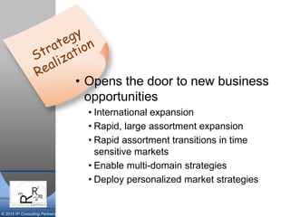 © 2015 R³ Consulting Partners
• Opens the door to new business
opportunities
• International expansion
• Rapid, large assortment expansion
• Rapid assortment transitions in time
sensitive markets
• Enable multi-domain strategies
• Deploy personalized market strategies
 