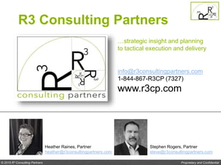 Proprietary and Confidential© 2015 R³ Consulting Partners
info@r3consultingpartners.com
1-844-867-R3CP (7327)
www.r3cp.com
Heather Raines, Partner
heather@r3consultingpartners.com
Stephen Rogers, Partner
steve@r3consultingpartners.com
…strategic insight and planning
to tactical execution and delivery
R3 Consulting Partners
 