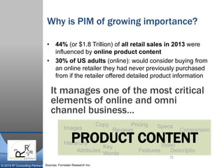 © 2015 R³ Consulting Partners
Why is PIM of growing importance?
• 44% (or $1.8 Trillion) of all retail sales in 2013 were
influenced by online product content
• 30% of US adults (online): would consider buying from
an online retailer they had never previously purchased
from if the retailer offered detailed product information
It manages one of the most critical
elements of online and omni
channel business…
Images
Attributes Features
Pricing
Descriptio
n
Copy
Key
Words
Comparison
Video
Reviews
Specs
HierarchyPRODUCT CONTENT
Sources: Forrester Research Inc.
 