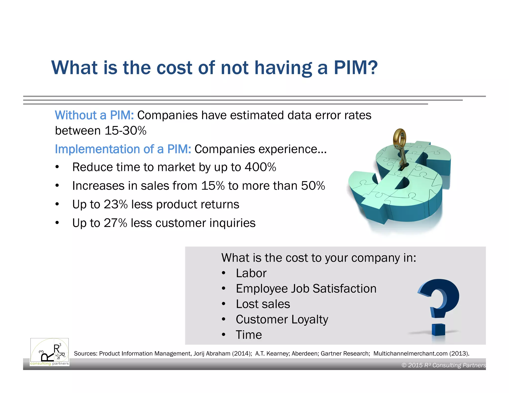 © 2015 R³ Consulting Partners
What is the cost of not having a PIM?
Without a PIM: Companies have estimated data error rates
between 15-30%
Implementation of a PIM: Companies experience…
•  Reduce time to market by up to 400%
•  Increases in sales from 15% to more than 50%
•  Up to 23% less product returns
•  Up to 27% less customer inquiries
Sources: Product Information Management, Jorij Abraham (2014); A.T. Kearney; Aberdeen; Gartner Research; Multichannelmerchant.com (2013).
What is the cost to your company in:
•  Labor
•  Employee Job Satisfaction
•  Lost sales
•  Customer Loyalty
•  Time
 