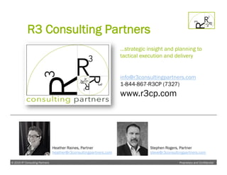 Proprietary and Confidential© 2015 R³ Consulting Partners
info@r3consultingpartners.com
1-844-867-R3CP (7327)
www.r3cp.com
Heather Raines, Partner
heather@r3consultingpartners.com
Stephen Rogers, Partner
steve@r3consultingpartners.com
…strategic insight and planning to
tactical execution and delivery
R3 Consulting Partners
 