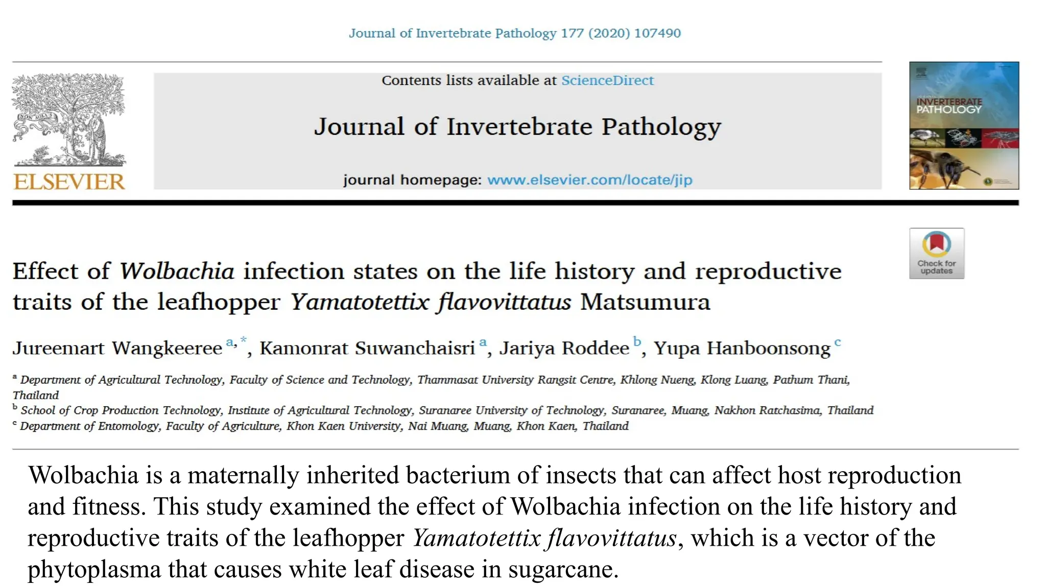 Wolbachia is a maternally inherited bacterium of insects that can affect host reproduction
and fitness. This study examined the effect of Wolbachia infection on the life history and
reproductive traits of the leafhopper Yamatotettix flavovittatus, which is a vector of the
phytoplasma that causes white leaf disease in sugarcane.
 